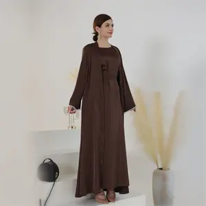 Excellent Eid Dubai Turkish Islamic Elegant Modest Custom Women Muslim Dress Abaya Crystal Tassel Satin Silk Open Kaftan Abaya