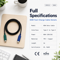 Cable de Carga Rápida Tipo C a C de 60W 3A con Doble Color, Cable de Carga de PVC Anti-rotura para Teléfonos, Uso en Oficina y Viajes