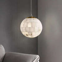 Suspension LED Moderne en Cuivre avec Globe Décoratif en Marbre Espagnol Effet Flocon de Neige Naturel, Hauteur Réglable, Luminaire en Albâtre