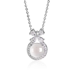 Elegante Collana con Pendente a Fiore in Calcedonio Bianco Trasparente e Zirconi, con Catena in Stile Bambù per <span class=keywords><strong>Donna</strong></span> - Product Image 4