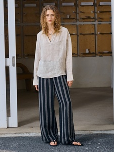 <span class=keywords><strong>Camicia</strong></span> 100% <span class=keywords><strong>Lino</strong></span> con Colletto, Maniche Lunghe, Scollo a V, Casual, Semplice, Vestibilità Ampia, con Cintura in Vita e Tasche, da <span class=keywords><strong>Donna</strong></span>, Primavera/Estate - Product Image 4