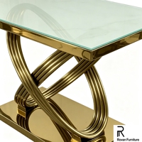 Table de banquet rectangulaire de luxe en acier inoxydable doré avec plateau en verre trempé torsadé pour hôtel et événements