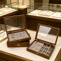 Boîte de rangement pour bijoux en bois avec couvercle en verre, finition grain de noyer, doublée de velours, pour petits accessoires, présentation en magasin et à domicile