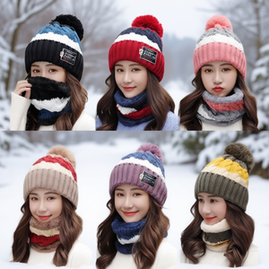 Conjunto de gorro y bufanda de punto con bloques de color, 2 piezas, 100% acrílico, tejido a mano para adultos, talla mediana 56-58 cm - Product Image 2