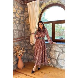 เดรสชีฟองลายดอกไม้สีน้ำตาลหรูหรา ทรงหลวม คอระบาย เอวธรรมชาติ ชุดลำลอง ผ้าบางโปร่ง - Product Image 5