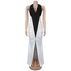Abito da donna <span class=keywords><strong>nero</strong></span> <span class=keywords><strong>e</strong></span> <span class=keywords><strong>bianco</strong></span> con vita arricciata, orlo <span class=keywords><strong>a</strong></span> coda di pesce <span class=keywords><strong>e</strong></span> spacco, ideale per il pendolarismo <span class=keywords><strong>e</strong></span> l'uso quotidiano - Product Image 4