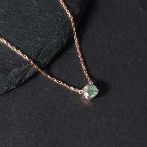 Ol1009 Blijvende Fabriek Minimalistische Solitaire Ronde 6Mm Groene Mos Agaat Edelsteen 10K 14 Karaat Massief Gouden Ketting