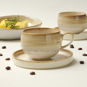 Ceramic Coffee <b>Cup</b> And <b>Saucer</b> Set Round Wabi Sabi Design Handle For Afternoon <b>Tea</b> - Product Image 1