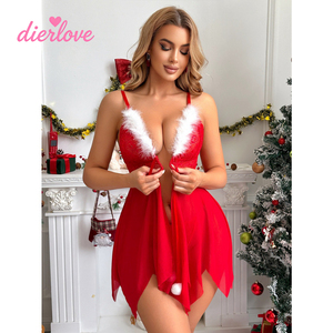 Set Baju Tidur Seksi Natal Wanita Merah Putih dengan Hiasan Bulu Gaun Cami Pakaian Tidur Liburan Kostum Lingerie Grosir - Product Image 3