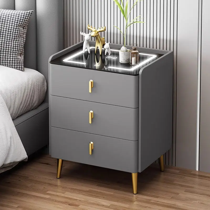 Multi-Function Modern White Wooden Bedside Table Smart Nightstand for Living Room Hotel Apartment Bedroom Furniture