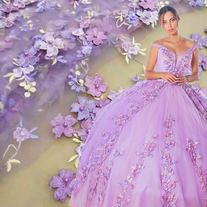 Robe de bal violette pour Quinceañera et <span class=keywords><strong>Sweet</strong></span> 16, épaules dénudées, longueur ras du sol, traîne chapelle, motif floral, pour filles de <span class=keywords><strong>15</strong></span> ans - Product Image 3