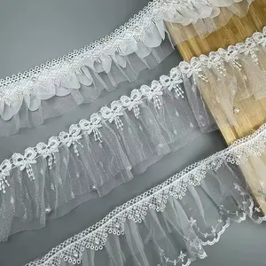 Pleated Organza ren cạnh ngọc trai đính cườm trang trí cho đám cưới cô dâu trang trí DIY may làm