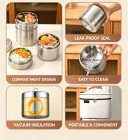 Boîte à lunch thermique en acier inoxydable 304, récipient alimentaire hermétique, compartiment double couche, boîte bento, compatible micro-ondes, boîte portable