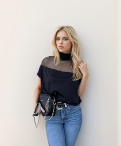 Blusa y Tops de moda personalizada para mujer otoño 2024 Flare manga corta <span class=keywords><strong>cuello</strong></span> <span class=keywords><strong>tortuga</strong></span> gasa malla empalme camisas transparentes para dama - Product Image 5