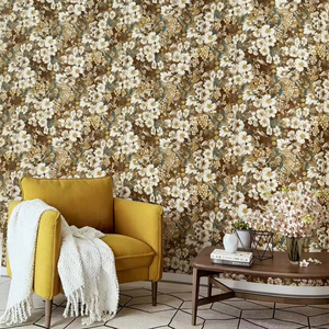 Papel Tapiz Floral Vintage con Fondo Marrón y Patrón de Flores Blancas, Papel Tapiz de Vinilo PVC para Sala de Estar, Dormitorio, Decoración del Hogar - Product Image 1