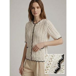 <span class=keywords><strong>Cardigan</strong></span> Estivo Vintage 2026 in Crochet Color Crema da Donna, Manica Corta, Collo Tondo, Bordo Smerlato a Contrasto, Maglia con Bottoni - Product Image 5