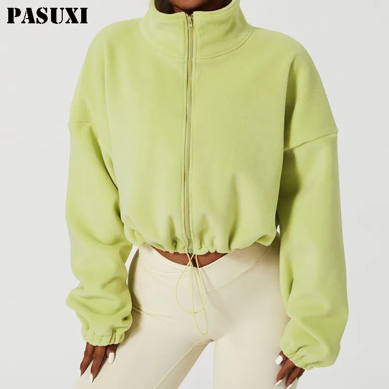 PASUXI New Fitness Top Women's Drawstring Zipper Loose Long Sleeve Sports Coat Fitness Wear Yoga Jacket