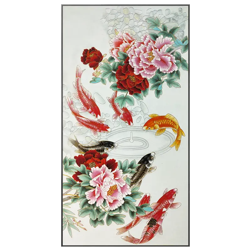 चीनी चित्रकला नौ कोई मछली इकट्ठा धन और कीमती Peony फूल परिदृश्य हाथ चित्रों