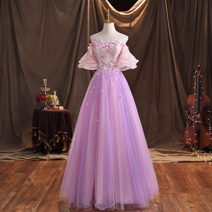 Elegant Purple Ball Gown Women Stage Performance Dress Off Shoulder Tulle Evening Gown For Vocal Exam Solo Hosts - Product Image 2