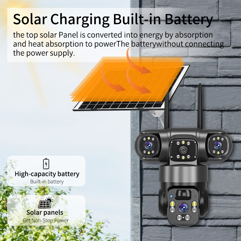 Wistino Outdoor 12MP HD Solar Battery Camera Three Lens Three Screen 360 ° Rotate Detection Alarm Solar 4G Camera · image 3