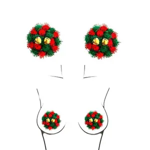 クリスマスベルとポンポンボールの形をした1ペアのクリスマスニップルカバー再利用可能なシリコン胸の花びらのパテ