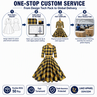 Robe trapèze vintage à carreaux personnalisée pour femme, col en satin avec nœud, manches trois quarts, usine de vêtements OEM ODM