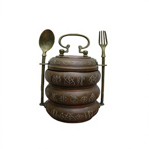 Embossed Design Brass Food Container Customized Shape And Size Tiffin <b>Box</b> With Spoon And Fork <b>Lunch</b> <b>Box</b> - Product Image 1