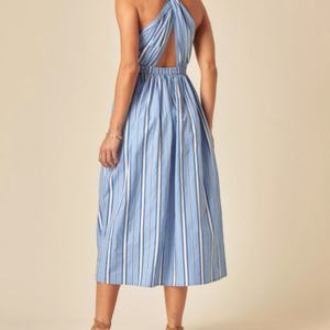 Vestido Midi de Lino a Rayas para Mujer, Cintura Alta, Estilo Casual, Holgado, de Algodón y Satén, para Verano, Sexy, en Oferta - Product Image 4