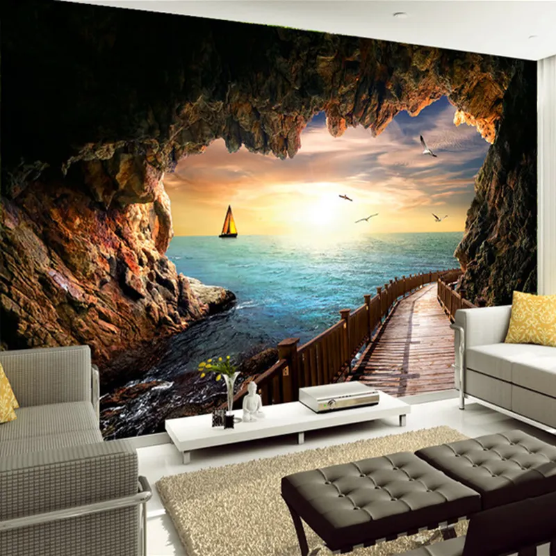 Personalizado Mural papel pintado de la pared de la cueva vistas al mar atardecer paisaje pared murales para sofá de la sala de fondo foto papel 3D