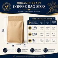 Sachet de café personnalisé en papier kraft naturel, anti-odeur, avec valve et fermeture éclair, 250g 12oz, pour l'emballage de grains de café bio torréfiés de spécialité