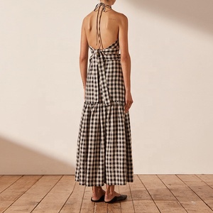 Vestito estivo nuovo Design fasciante abito di lino Vintage Plaid Plaid <span class=keywords><strong>Top</strong></span> corto <span class=keywords><strong>e</strong></span> <span class=keywords><strong>vita</strong></span> <span class=keywords><strong>alta</strong></span> <span class=keywords><strong>gonna</strong></span> <span class=keywords><strong>lunga</strong></span> due pezzi Set donna - Product Image 4