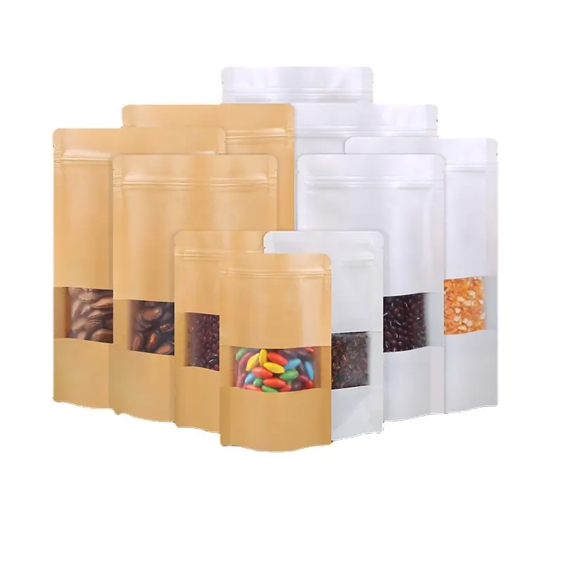 Bolsa ziplock de reciclaje personalizada, embalaje de café, barato, doypack de papel Kraft, bolsa de comida con cremallera con ventana