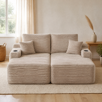 Canapé convertible double en velours côtelé avec porte-gobelets, assise profonde beige, profil bas, pour centre commercial, villa, appartement