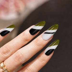 Faux ongles à presser tendance, longs, forme amande, color block, finition brillante, motif lignes <span class=keywords><strong>vert</strong></span> <span class=keywords><strong>olive</strong></span>, blanc et noir, pour usage quotidien et soirées - Product Image 2
