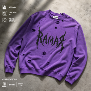 เสื้อสเวตเชิ้ตคอกลมโอเวอร์ไซส์สำหรับผู้ชาย Ramax สีม่วง ดีไซน์ขาดๆ ผ้าฝ้ายเฟรนช์เทอร์รี่ สไตล์สตรีทแวร์ เสื้อพูลโอเวอร์สำหรับฤดูใบไม้ร่วง - Product Image 1
