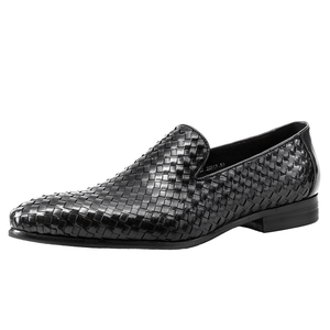 Mocassins en cuir tressé noir à bout pointu, chaussures habillées pour hommes, toutes saisons, dessus en cuir véritable, semelle extérieure en caoutchouc - Product Image 1