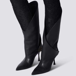 Botines de Tacón Alto con Punta en Pico para Mujer, <span class=keywords><strong>Botas</strong></span> Altas hasta la Mitad de la Pantorrilla, Corte en V, Ajuste Amplio - Product Image 2