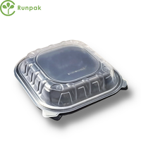 Boîte alimentaire à charnière transparente et noire à 3 compartiments de 9 x 9 pouces, écologique, jetable, recyclable, boîte à lunch