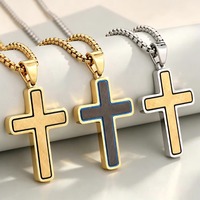 Collier croix en acier inoxydable pour homme, pendentif croix brossé avec bordure couleur, chaîne maille gourmette, bijou religieux chrétien, cadeau pour lui