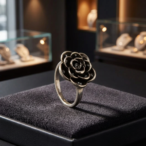 Women's Trendy 925 Silver Rose <b>Ring</b> with Black Enamel Flower Inlay Comfortable Fit Jewelry - Product Image 3