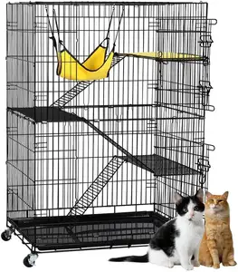 Cage pour chat Cage pour animaux de compagnie en métal sur roues Cage pour animaux de compagnie à 4 niveaux avec hamac à double couche/bac à litière