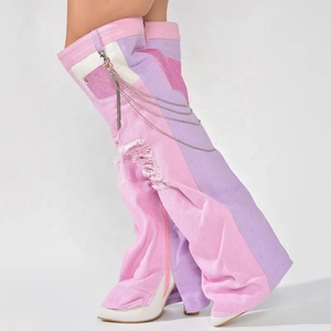 Chain Decor Women Denim Overlay Over Knee High <b>Boots</b> Ladies High Chunky Heels Shoes Patchwork Jeans <b>Pants</b> Long Booties - Product Image 4