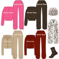 Conjunto Deportivo de 2 Piezas para Mujer, Otoño Invierno, con Logotipo Personalizado, Gorro de Piel, Bufanda, Calcetines, Sudadera con Capucha, Pantalones Jogger, Color Sólido, Ropa Casual para Estar en Casa, Venta al Por Mayor