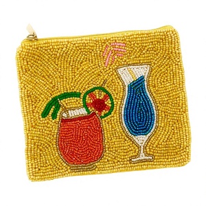 Tropical Cocktail Beaded Pouch Yellow Coin Purse <b>Happy</b> Hour Summer Vacation Mini Zip Wallet Boutique Wholesale Accessory - Product Image 1
