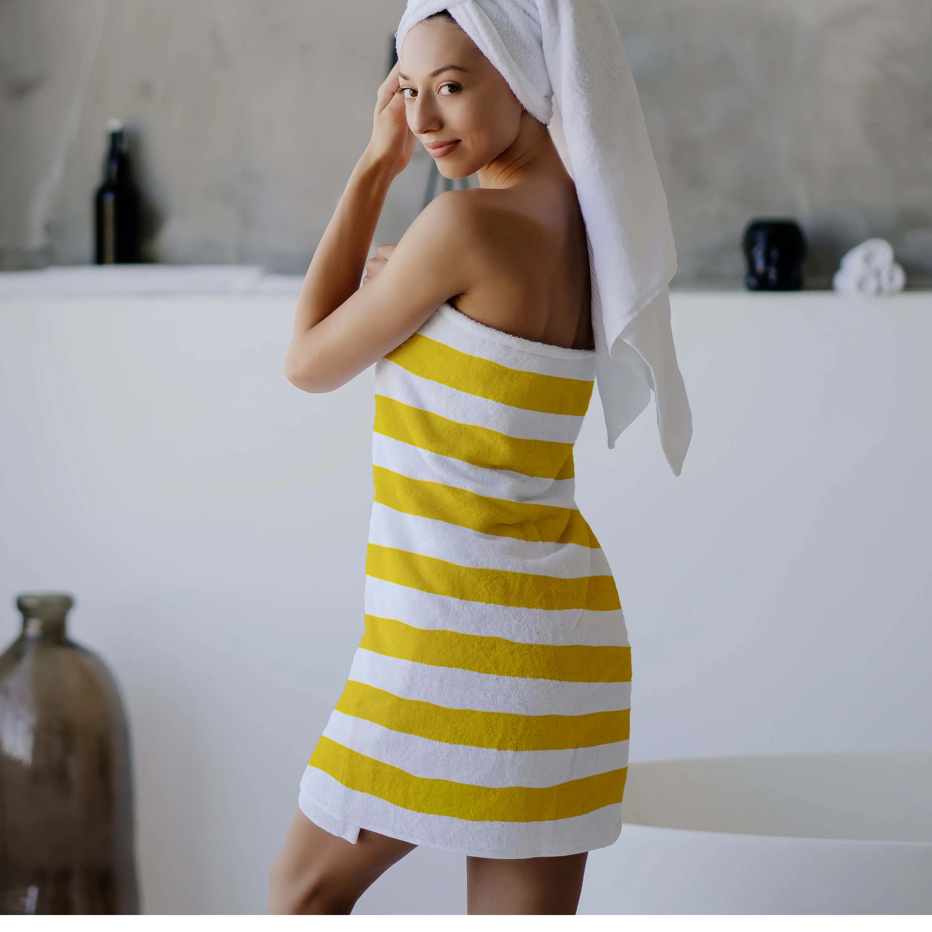 थोक बड़े आकार पीला सफेद धारी उच्च गुणवत्ता लक्जरी 100% कपास स्पा चेहरा हाथ स्नान 5 स्टार होटल तौलिया