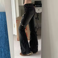 Pantalon droit vintage pour femme, broderie de fleurs, lavage à l'eau, jean skinny