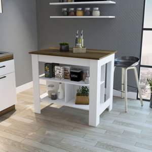 Carrito de cocina moderno DB Brooklyn, madera maciza de roble con tres estantes ocultos, isla de cocina - Product Image 1