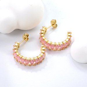 Pendientes de tuerca en forma de C con cristal rosa, chapados en oro, de aleación de zinc, joyería de moda para fiesta, pendientes geométricos para mujer. - Product Image 3