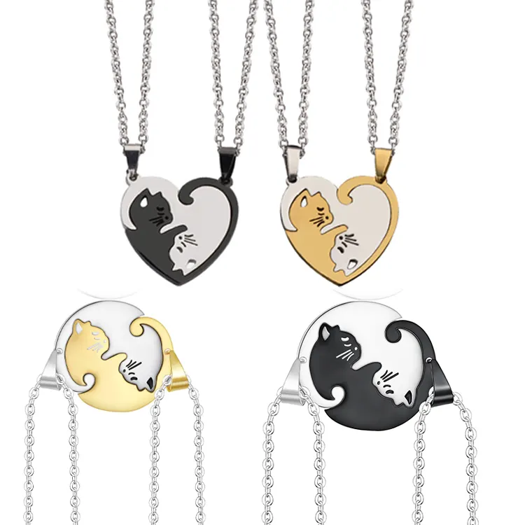 G1876 Valentine's Day gift couples jewelry Stainless Steel Cat a pair of Matching Heart Couple Pendant Necklace
