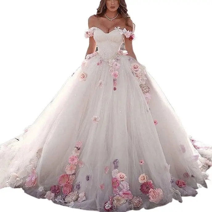 W-S1031A Off Shoulder Quinceanera Dresses Ball Gown 15 Flowers Fluffy Evening Dress Sweet 18 Vestidos Elegant Prom Dress